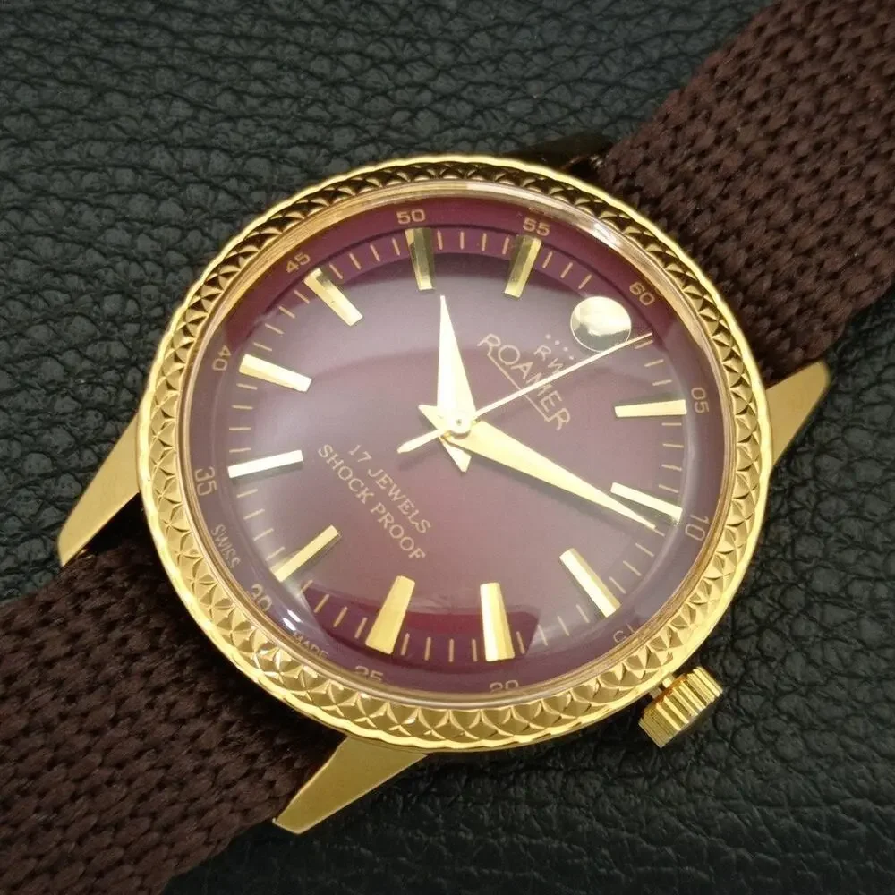 Vintage 1984 Roamer Manual Mens Gold Watch W/Nato Strap & Red accents